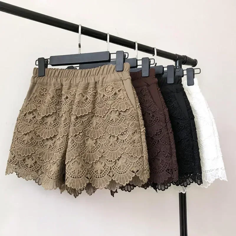 Lace Shorts Women Spring Autumn High Waist Shorts Elastic Wide Leg Short Shorts Black / White Ladies Sexy Short Feminino Q2248