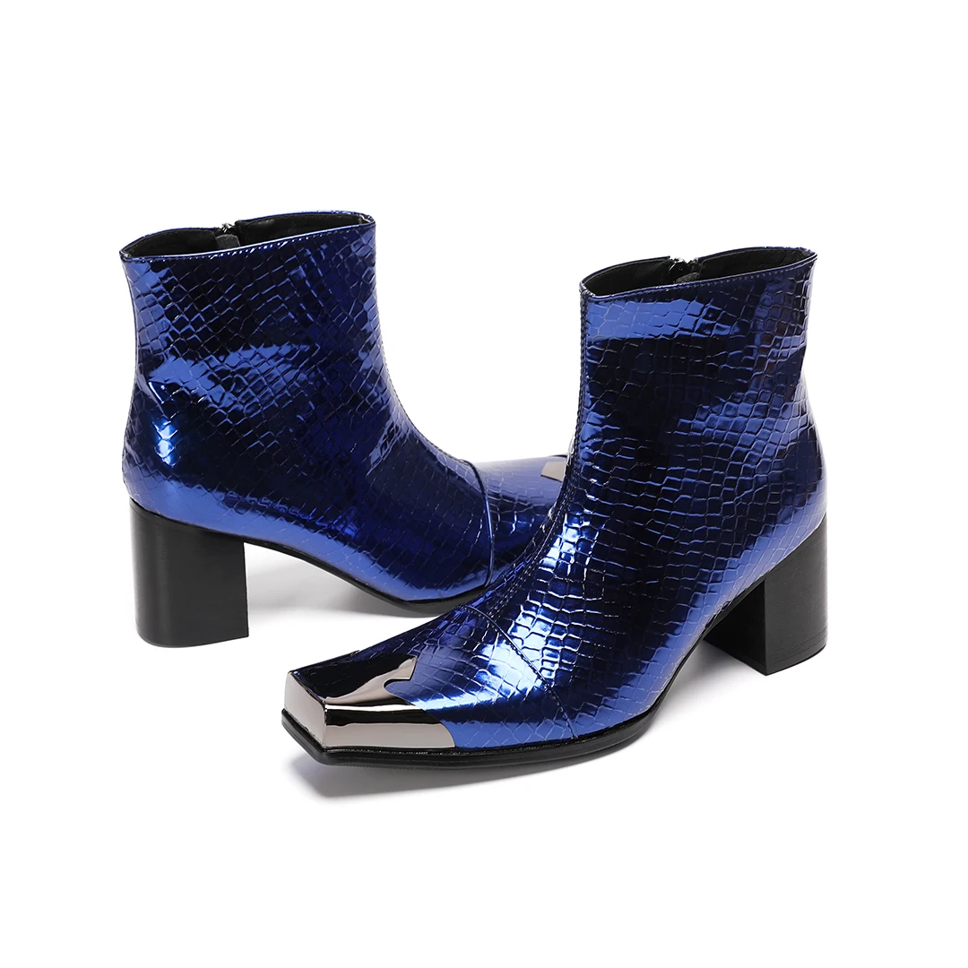 Men Square Toe Genuine Leather High Heel Ankle Boots male Zipper Blue Gothic Block Heel Party Stage Costume Boots Plus size