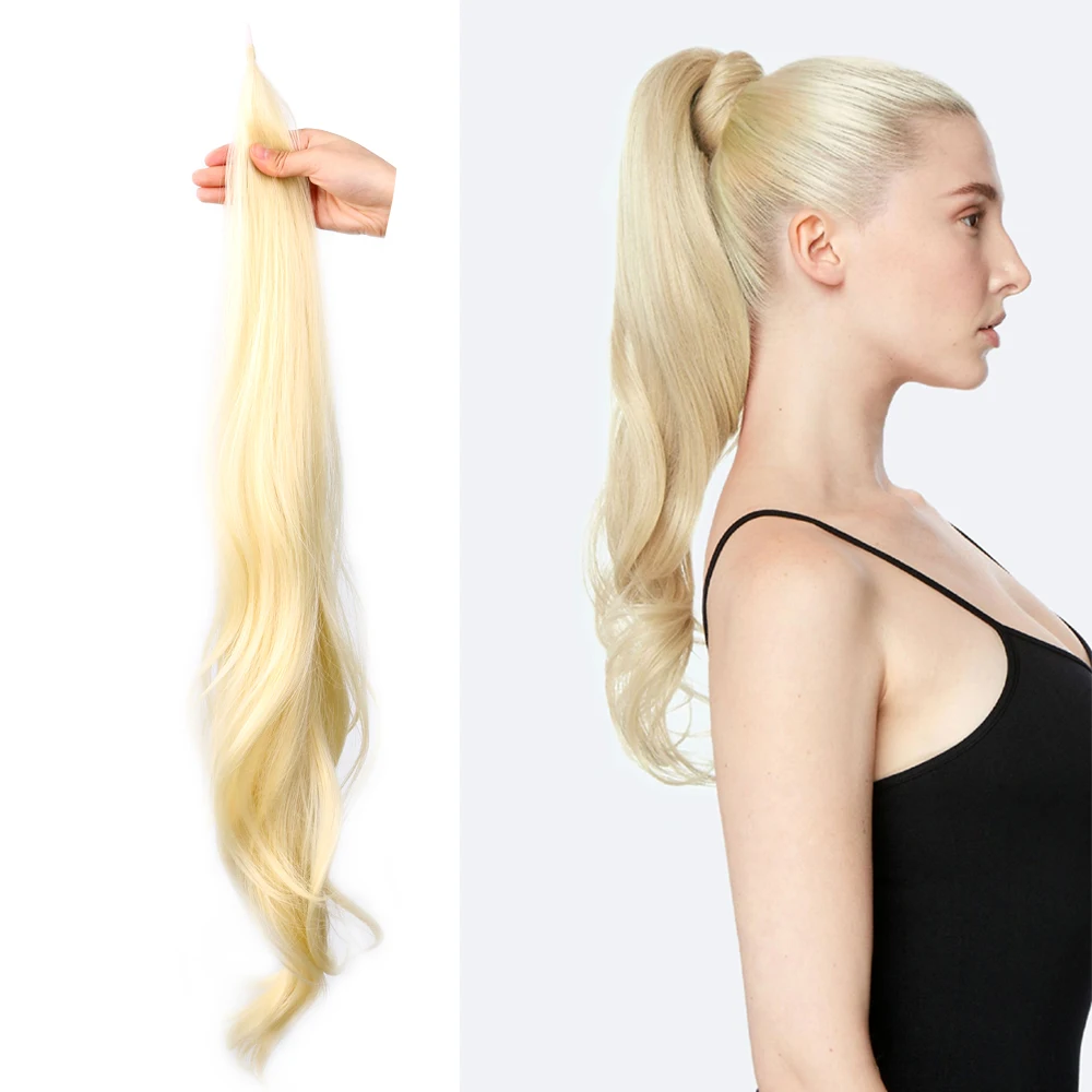 32 Inch Long Flexible Wrap Around Ponytails Synthetic Black Brown Blonde Grey I Tip Pony Tail Hairpiece Daily Use