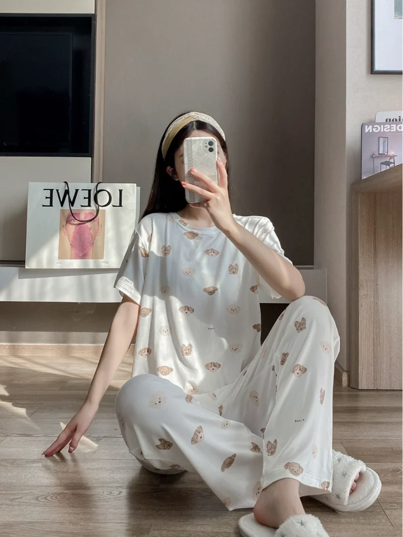 Kuzuwata Korean 2024 Summer Sets Womens Outfits Cartoon Bear Dog Modal Short Sleeved Pants Pajamas Loose Soft Printed Sleepwear