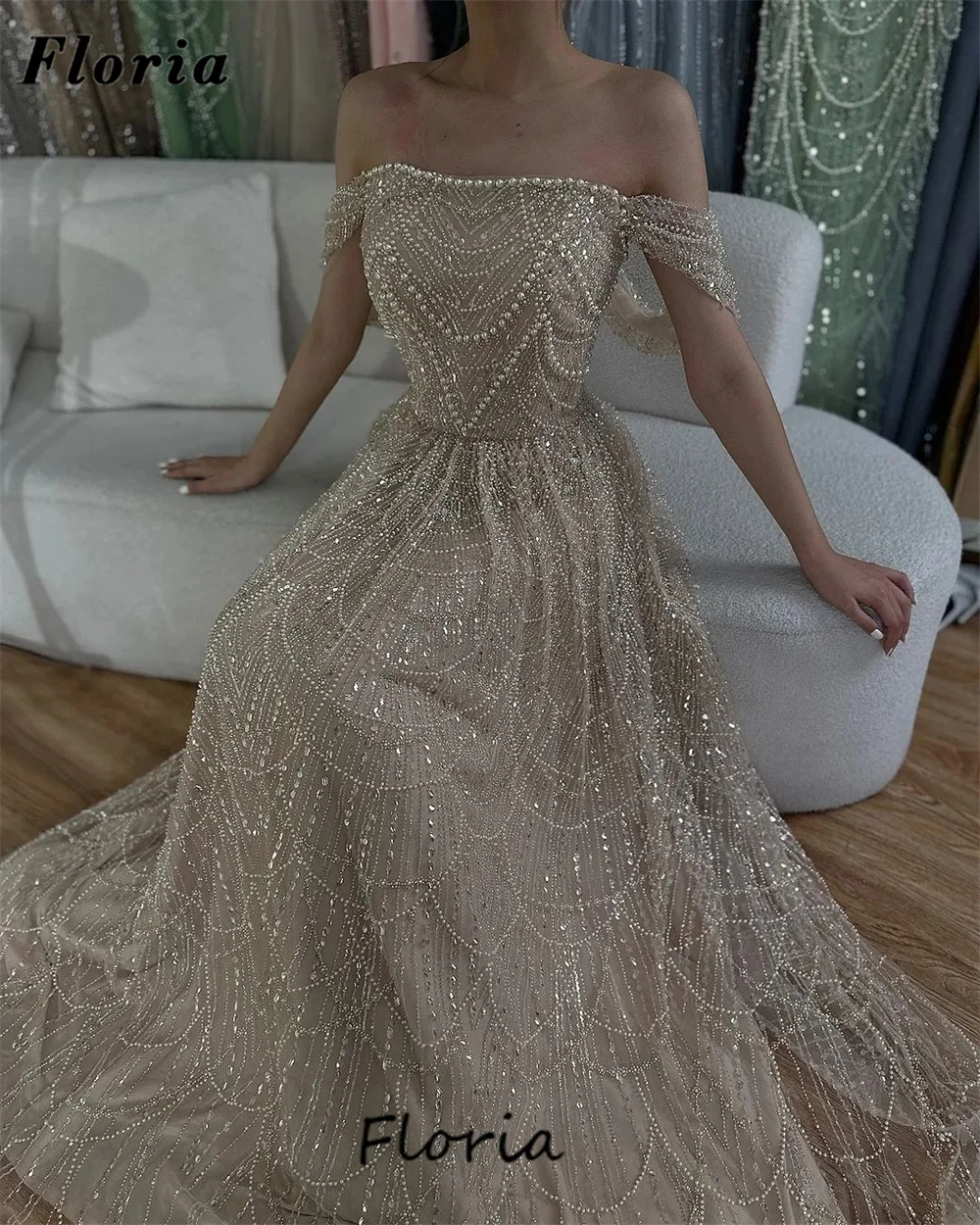 Arabic Off Shoulder A Line Prom Dresses Haute Coutures Beaded Pearls Evening Dress Dubai Women Wedding Party Gowns Abiti Da Sera