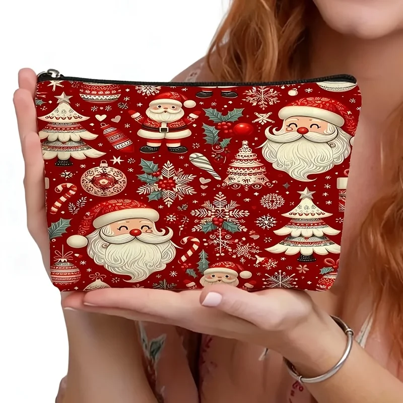 Christmas Santa Claus Makeup Bag Cosmetic Pouch Red Background Santa Snowflake Tree Holly Print Portable Storage Purse Xmas Gift