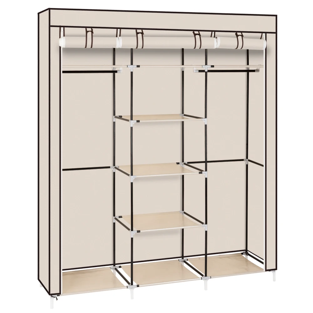 

69" Portable Clothes Closet Non-Woven Fabric Wardrobe Double Rod Storage Organizer Beige