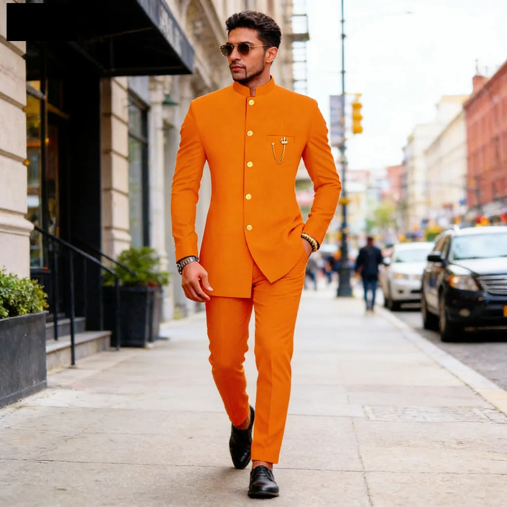 

Men's Stand Collar Blazer And Long Trousers Set Unique Chest Design African Style Formal Business Suit Solid Color