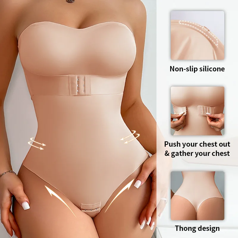 Women Shapewear Bodysuit Invisible Straps Anti Slip Strip Tummy Control Hook And Eye Firm Compression Waist Trainer Slimming