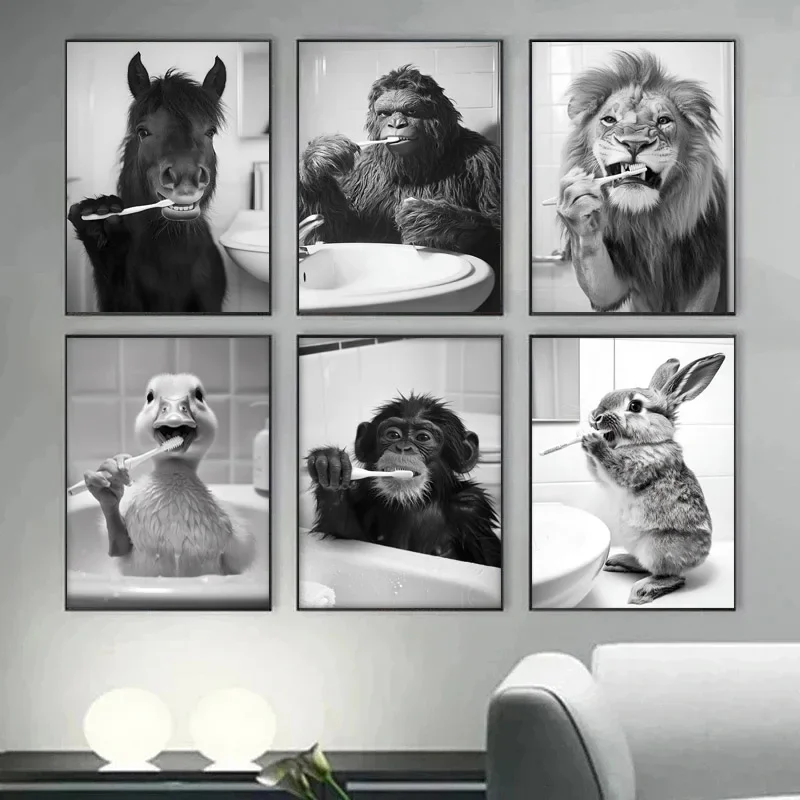 1pc frameless Canvas Painting Brushing Teeth Animal Art Poster Lion Monkey Horse Rabbit Dog Cat Eagle Funny Bathroom Wall Sti
