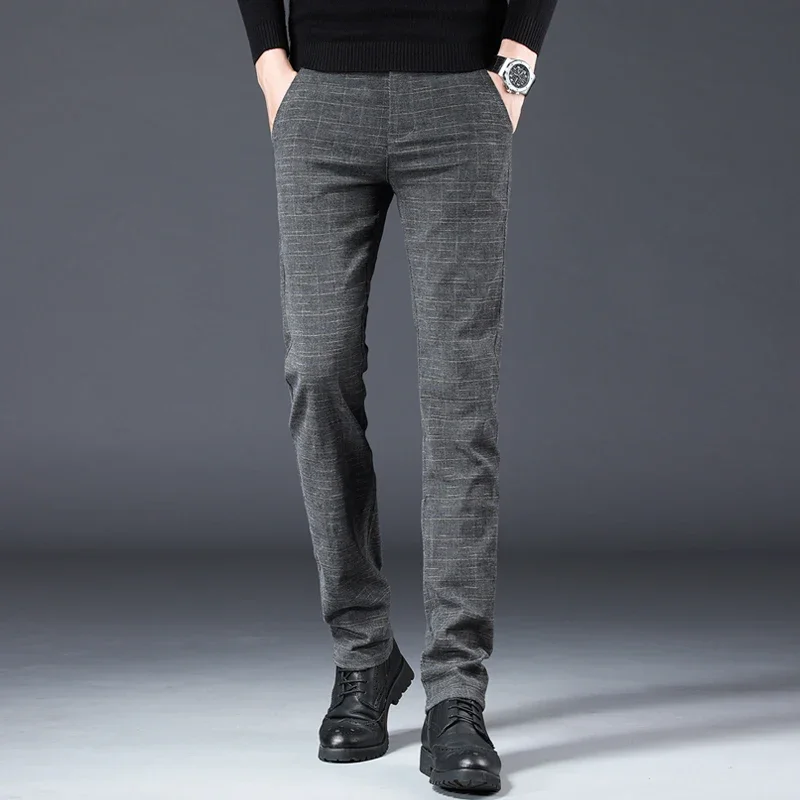 Autumn Winter Brushed Cotton-like Men\'s Business Casual Pants Elastic Straight Plaid Fashionable Casual Slim Trousers Male