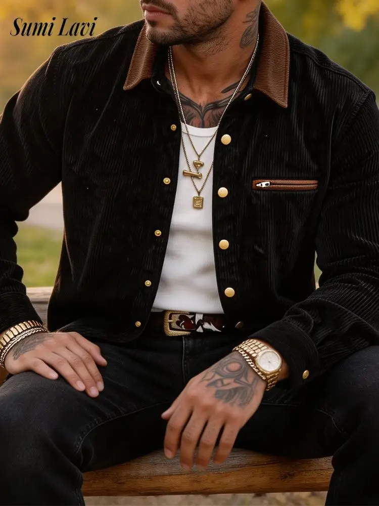 Vintage Long Sleeve Outerwear Tops Mens  2026 Fall Outdoor Lapel Jackets Men Daily Casual Contrast Color Long Sleeve Cardigan