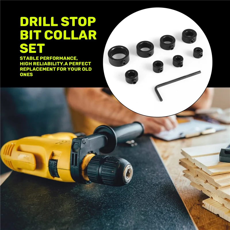 

A43F-Drill Stop Bit Collar Set, 9PCS Adjustable Drill Depth Stop Collar Limit Ring With Carbon Steel Set For Drill Bits