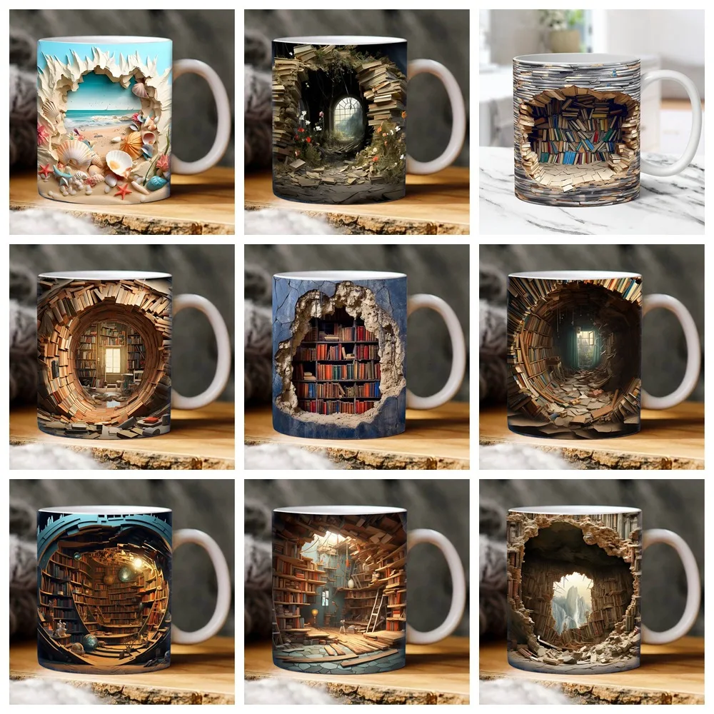 

Creative 3D Bookshelf Ceramic Mug Library Study Theme Coffee Mug for Book Lovers Unique Design Home Decor