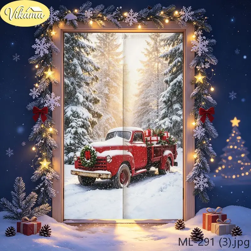 VIKAMA Christmas Red Vintage Truck Snow Forest Door Curtain Retro Pickup Pine Tree Gift Wreath Winter Warm Light Holiday Linen