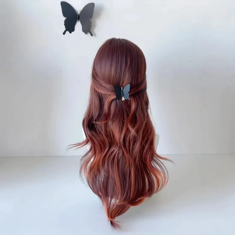 

xiaoxiao Wig for women Orange Highlights Brown Long Curly Hair Red Fox Gradient Layer Sense Figure-eight Bangs Big Waves Hea