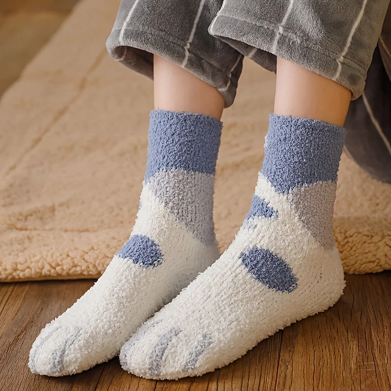 1Pair Women Cute Cat Claw Print Socks Soft Warm Comfortable Coral Fleece Sock High Quality Kawaii Cartoon Colorblock Middle Sox