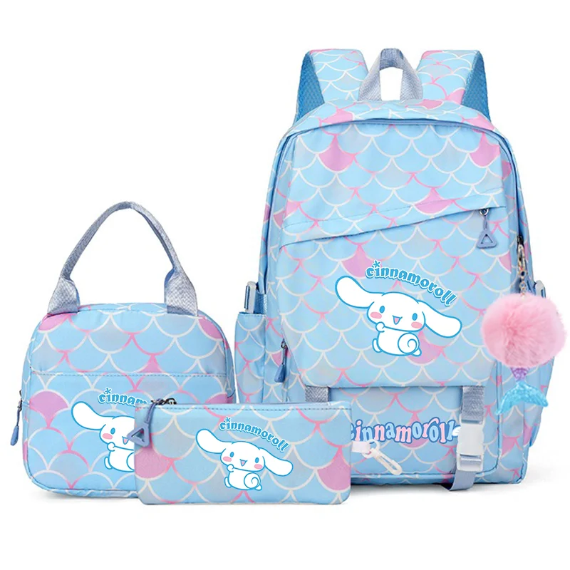 

3Pcs Cinnamoroll Fish Scale Kids Backpacks With Mermaid Pendant Lunch School Bag Children Schoolbag For Girls Sets