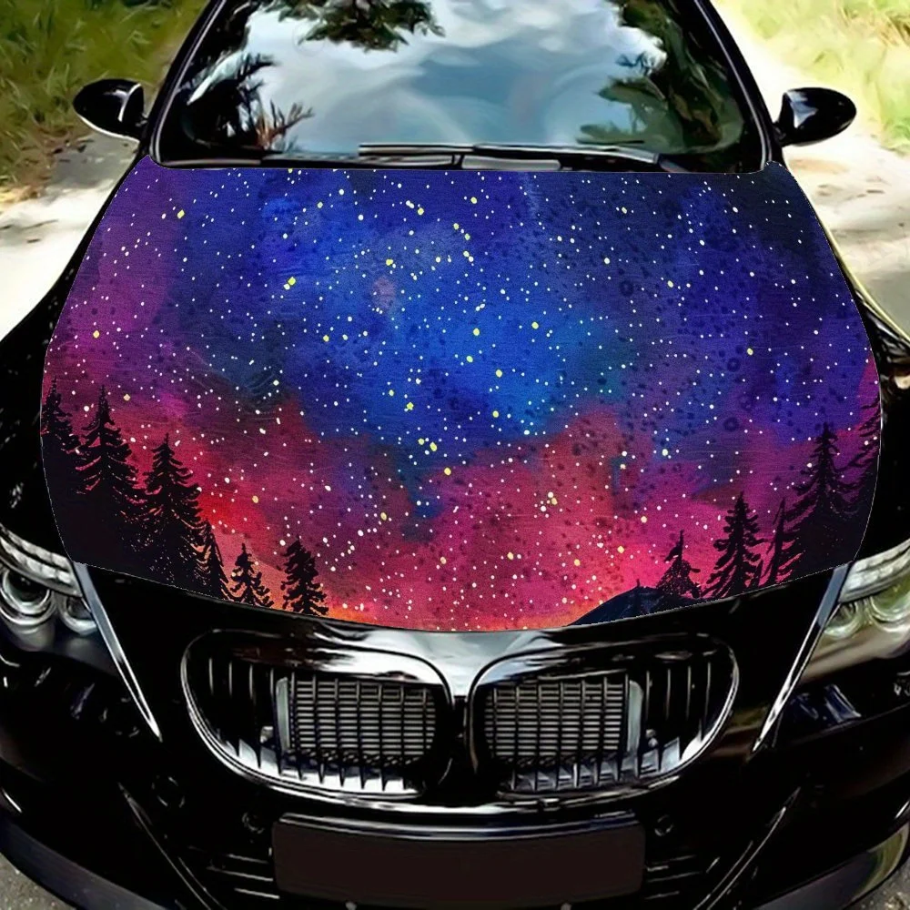 Galaxy Mountain Car Hood Protector - Watercolor Wind Starry Sky Design, High Quality Vinyl, Weatherproof Outdoor Decals, Car Ext