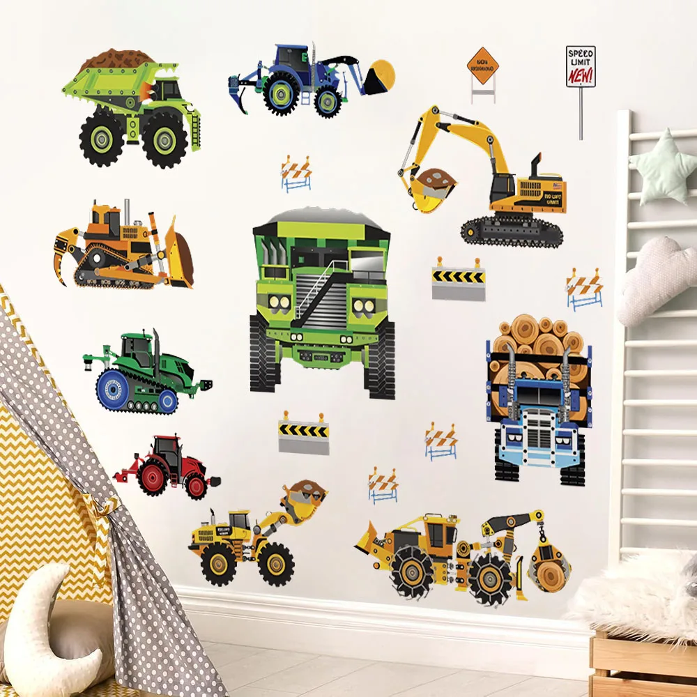 Cartoon Construction Vehicles Wall Stickers New Speed Limit Auto Truck Digger Wall Decals Baby Nursery Kids Room Wall Decor