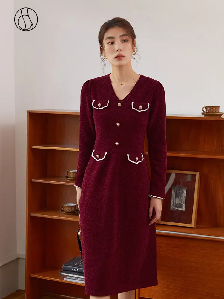 

DUSHU Retro Temperament Women Single Breasted Slim Red Dress Puff Sleeve V-Neck Button Decoration Winter Long Knitting Dress