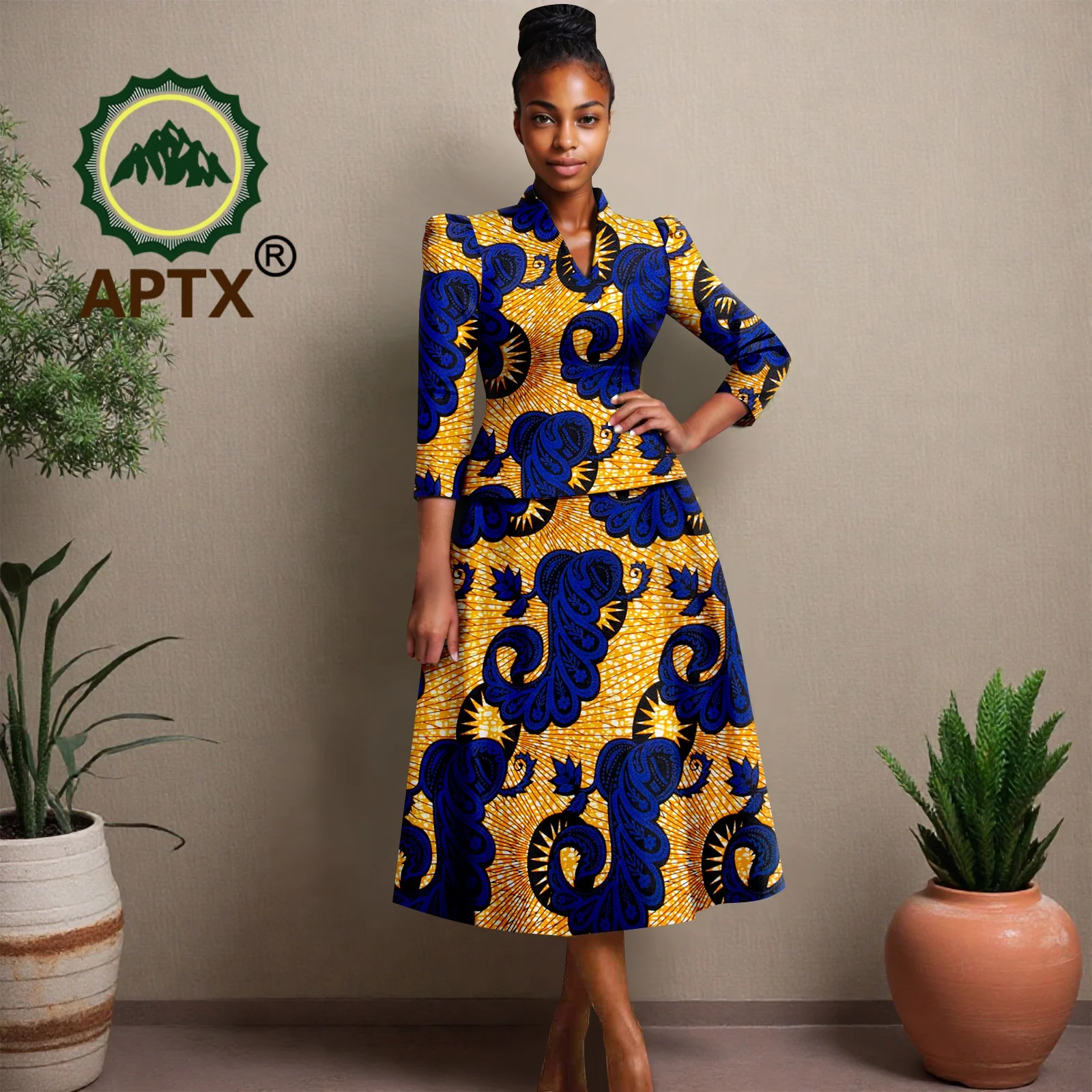 

African Clothes for Women Ankara Print V-Neck Three Quarter Sleeve Top and Mid-Calf Skirt two-piece Set Dashiki Casual Party