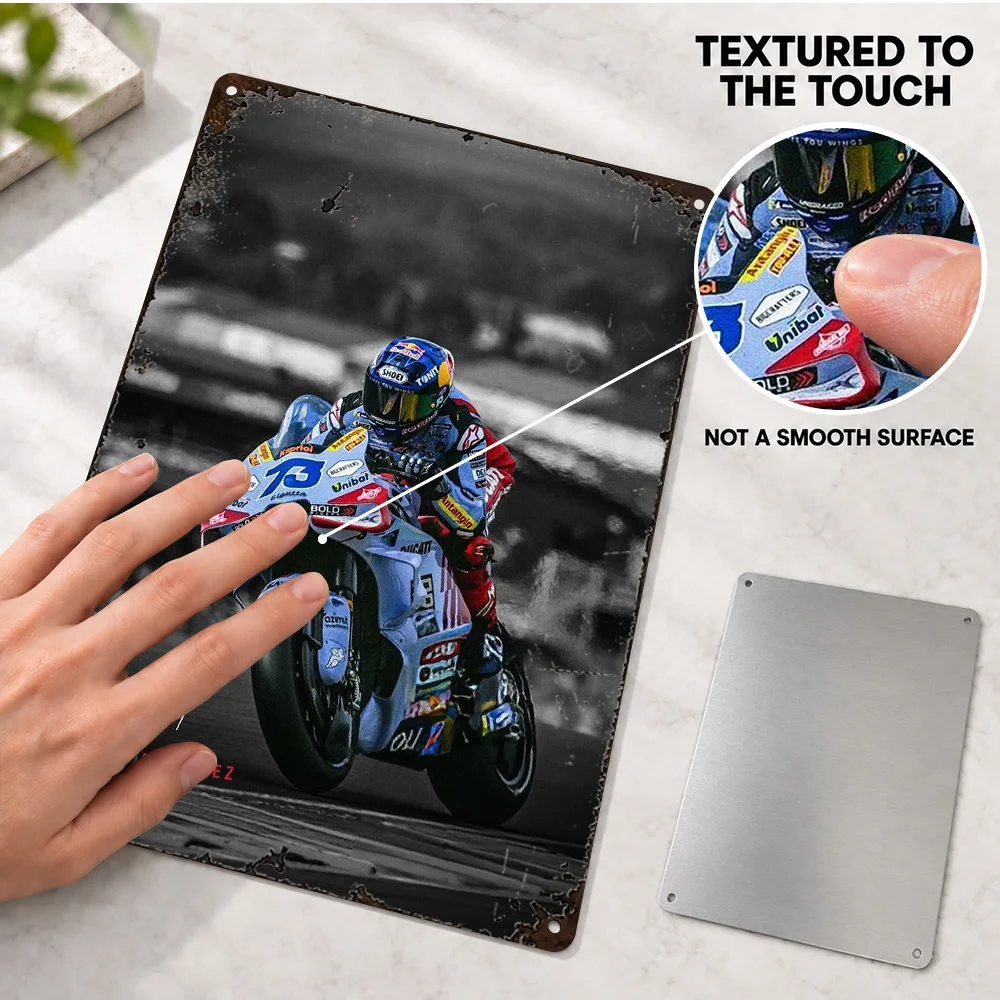 Alex Marquez MotoGP Textured Metal Poster Personalized Aluminum Sign Black And White With Color Accents Wall Art For Home Office