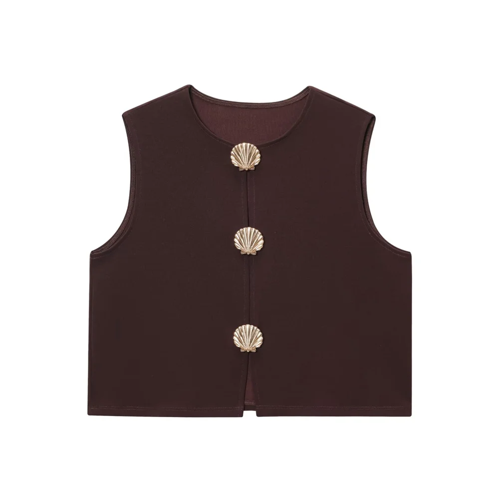 

BMURHMZA women's fashionable temperament versatile button decoration vest summer new round neck sleeveless solid color top