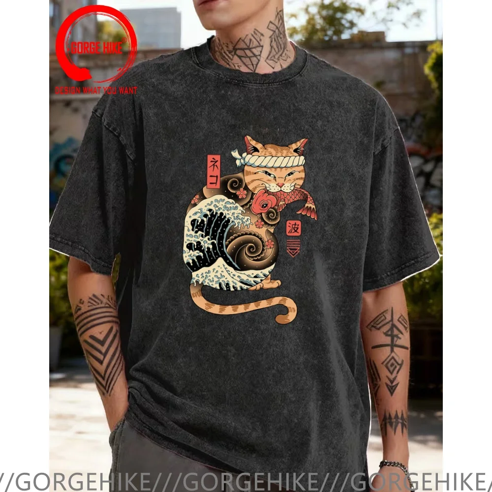 Vintage Washed Cotton T-Shirt Funny Designer Japanese Sushi to Kaiju cat T Shirt Men Fashion Trendy Casual Clothing Stylish Tops