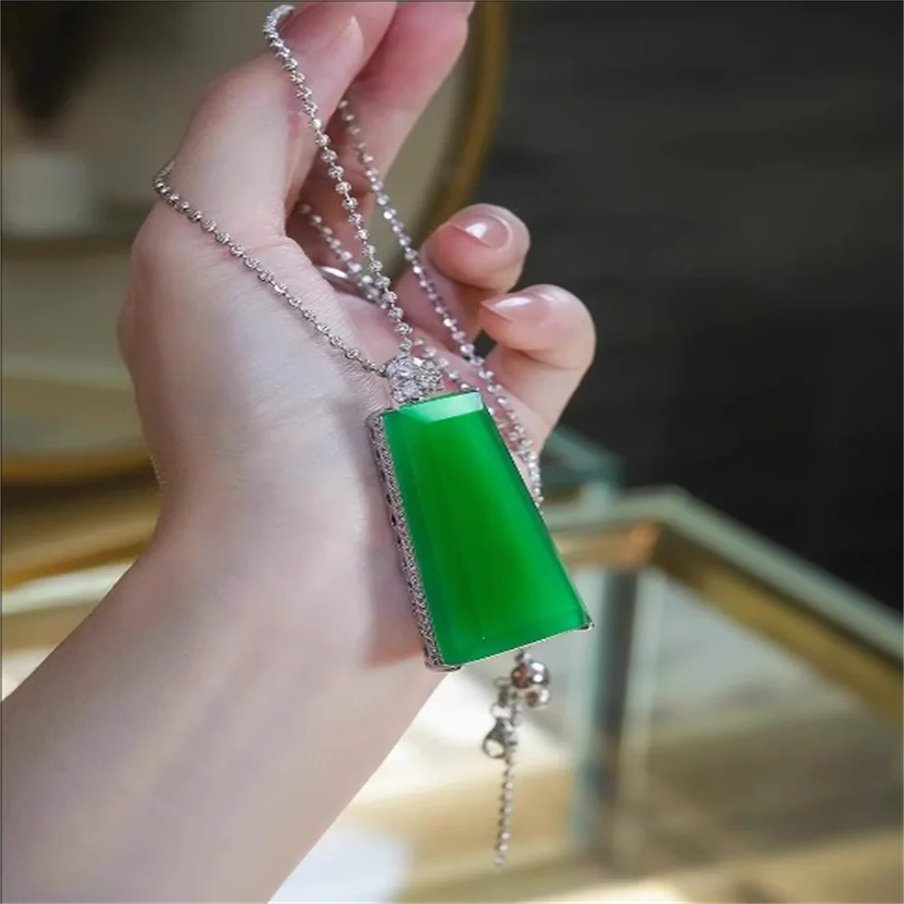 Natural green chalcedony no event pendant s925 pure silver inlay comparable to jade for men and women