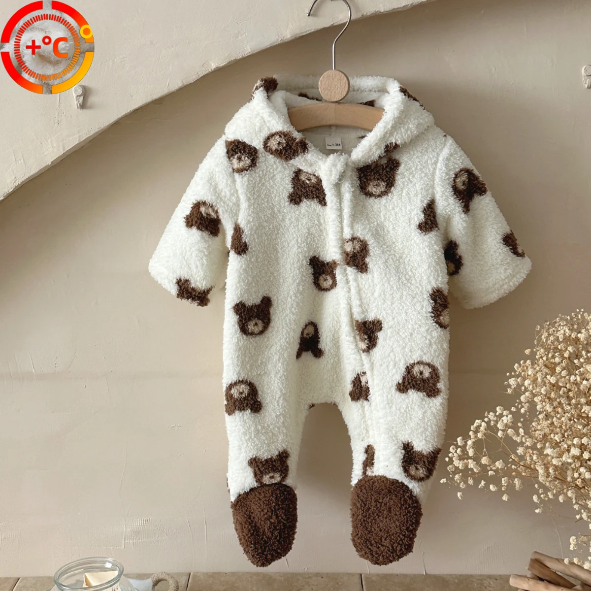 

Winter Newborn Infant Baby Boys Girls Romper Bear Head Printed Hooded Zipper Up Front Kids Onepiece Soft Fashion Baby Clothing