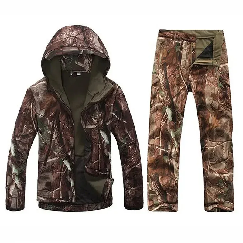 メンズ-サイレント-ソフトシェル-迷彩-タクティカル-ジャケット＆パンツ-防水-防寒-フリース-ハンティング-アウトドア-ハイキング-フィッシング-フード付きコート