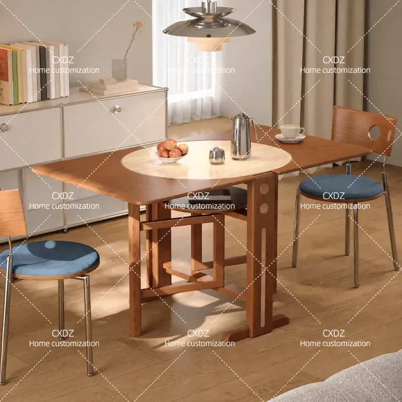 Medieval Solid Wood Folding Dining Table Round Semicircular Rock Slab Top Compact Foldable Table for Small Apartment