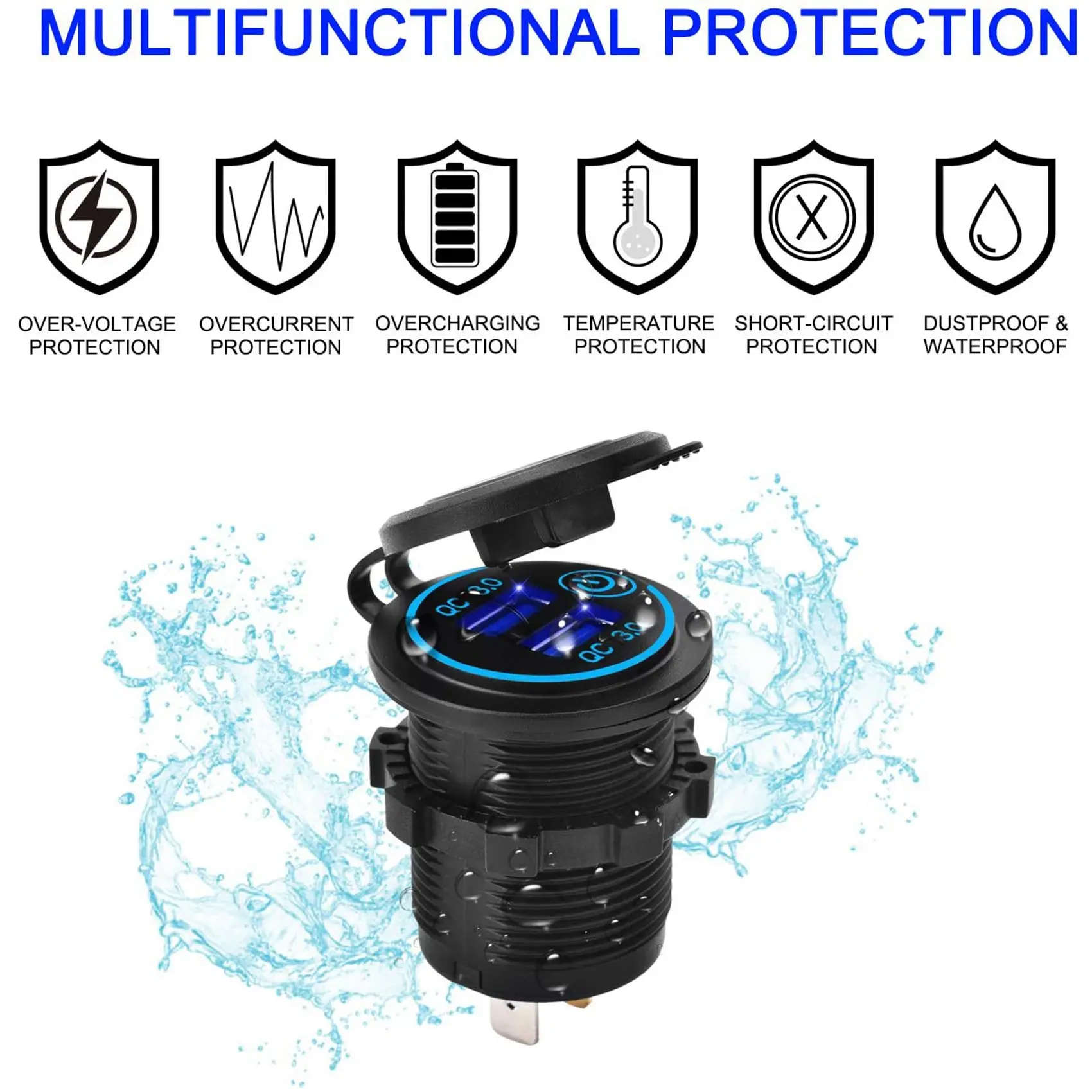 NEW HOT In Stock-12V USB Outlet, Dual QC 3.0 USB Car With Switch, 36W USB Waterproof Power Outlet (With 1.1Inch P
