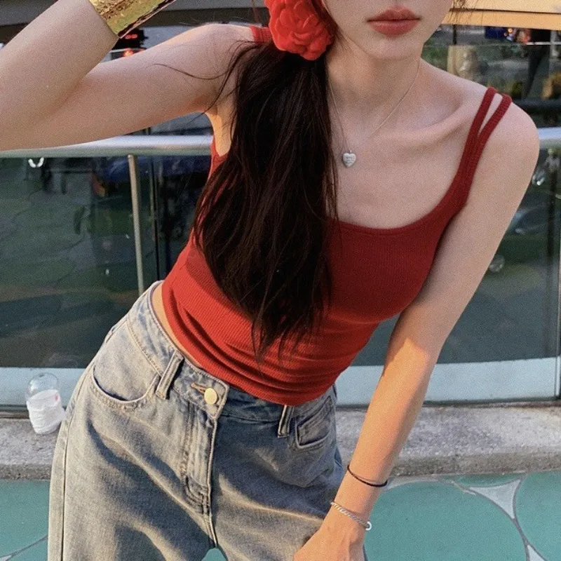 Casual Summer Women's Tank Top Slim Tank Top Vest Double Straps Built-in Girl's Bra Flattering Fit Stylish Back Solid Color Vest