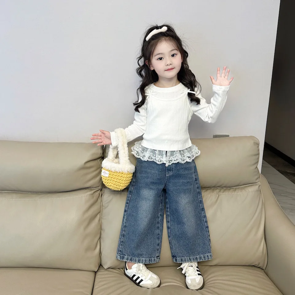 Girls Suits 2024 New Bow Top Lace Lace Through Jeans Set Two-piece Set Clothes Korean Simple Style Fashion Top and Trousers