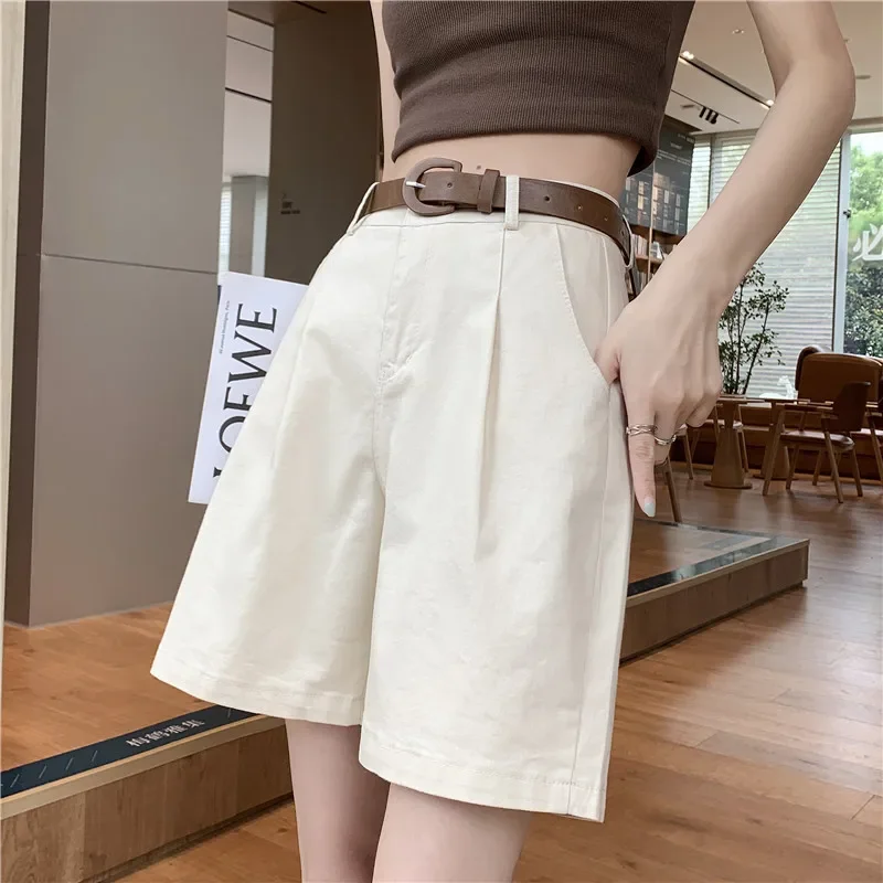 Women Korean Casual Buttons Bermuda Short High Waist Loose Straight Suit Short Pants Summer Women's Wide Leg Shorts with Belt