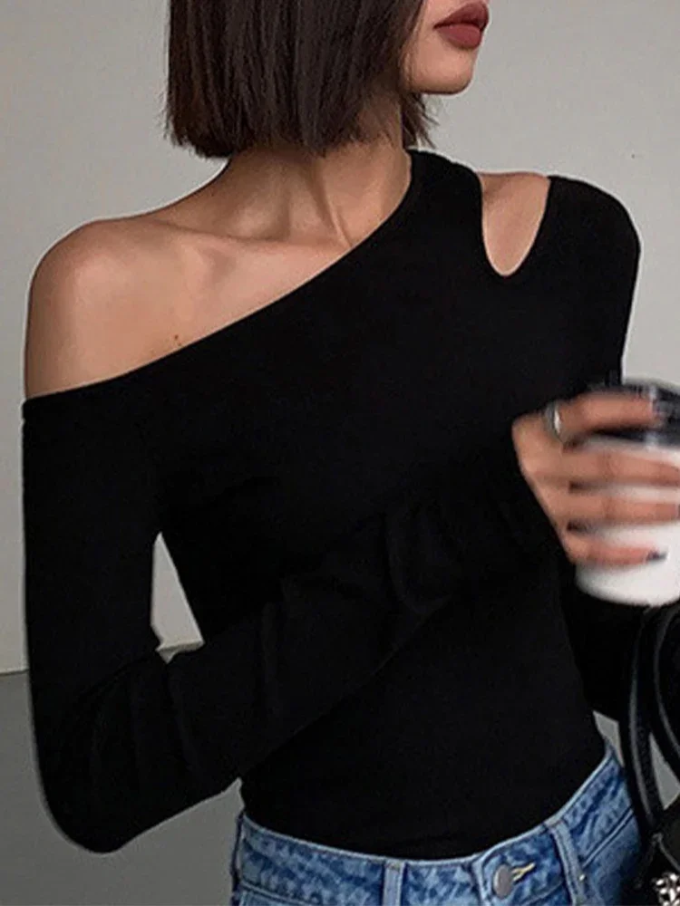 

Skew Collar Off-shoulder Long-sleeved Fashion Women T-shirts 2024 New Solid Slim Fit Crop Top Sexy Hollow Out Women Tees Shirts