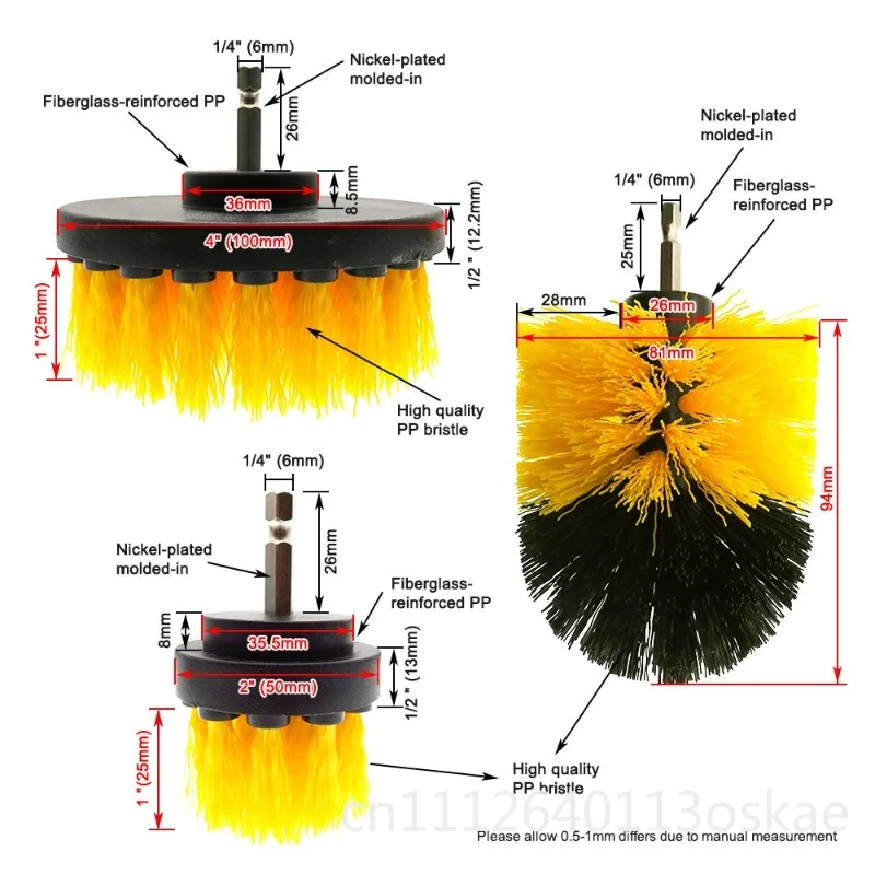 Electric drill brush 5-piece set, electric nylon hexagonal yellow cleaning brush and grinding disc, combination set