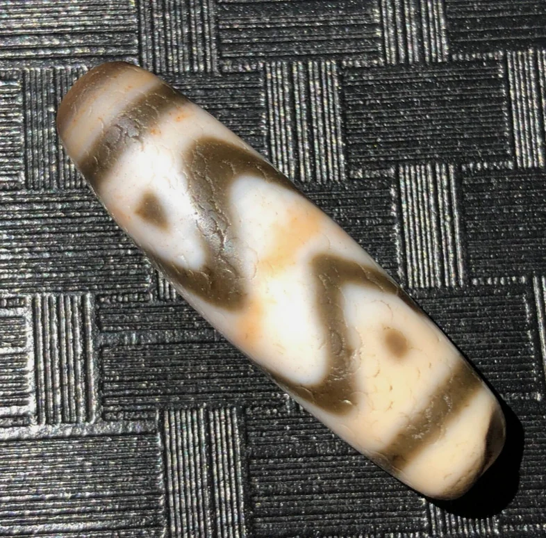 Magic Tibetan Old Agate Dragon Skin Double tiger teeth Cinnabar Totem dZi Bead