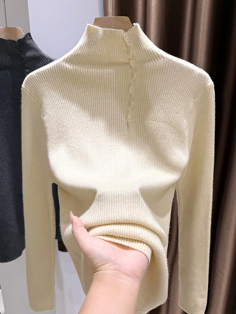 

Женская теплая трикотажная футболка в стиле ретро с высоким воротником и пуговицами для ношения под одеждой, осень-зима