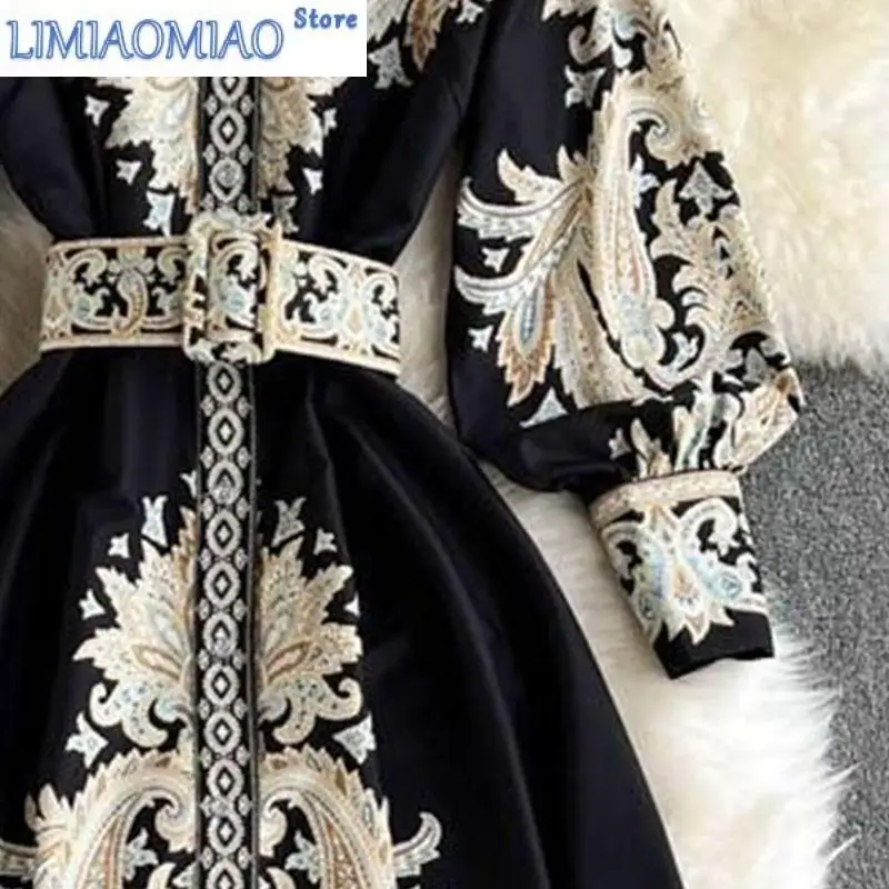 New Paisley Printing Vintage Turn-Down Collar Lantern Sleeve With Belt Women's Dress Korean Fashion Mid-Calf- Dresses For Women
