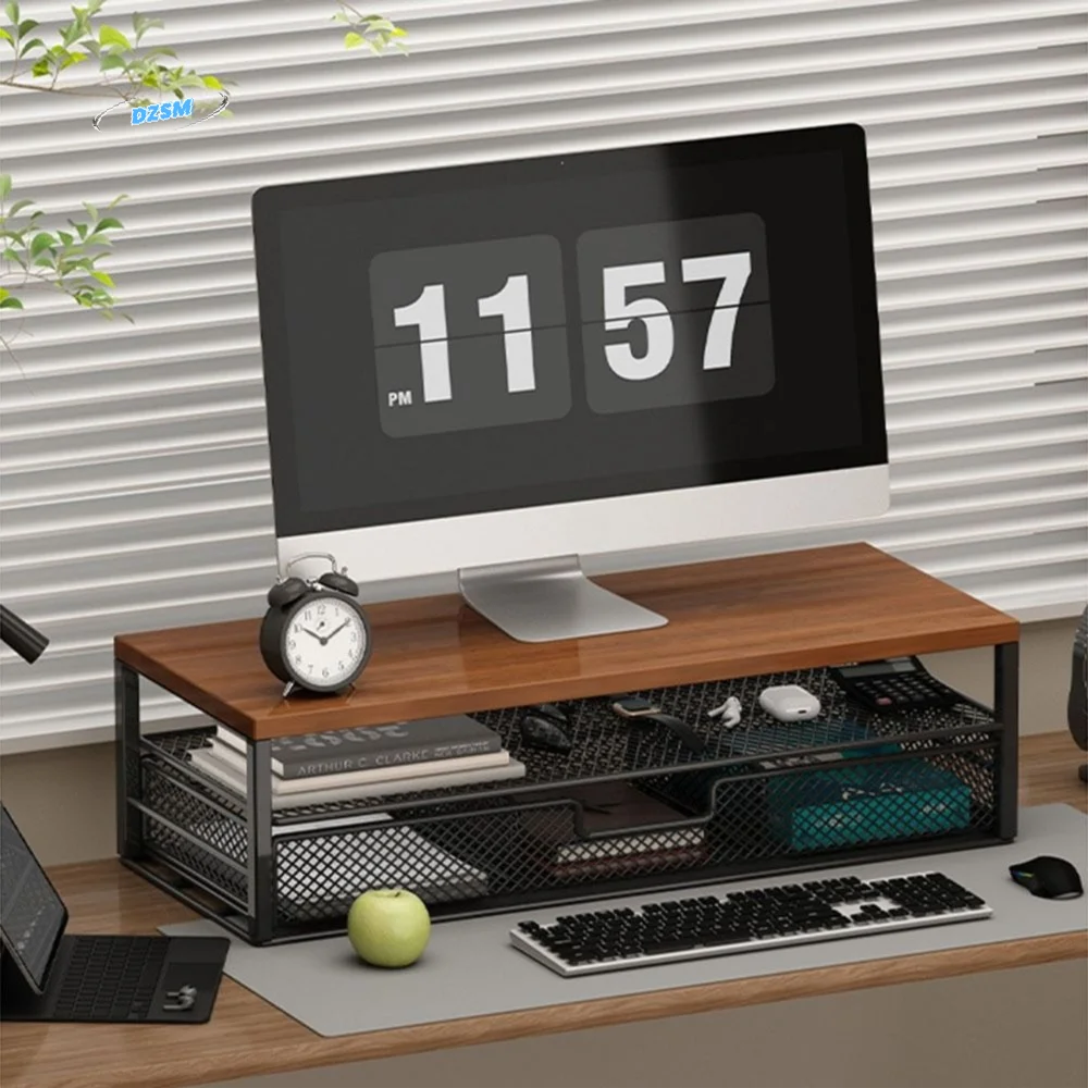 

2-Tier Design Computer Monitor Stand With Drawer Rust-proof Desk Monitor Riser Metal Mesh Space Saving Computer Desk Organizer
