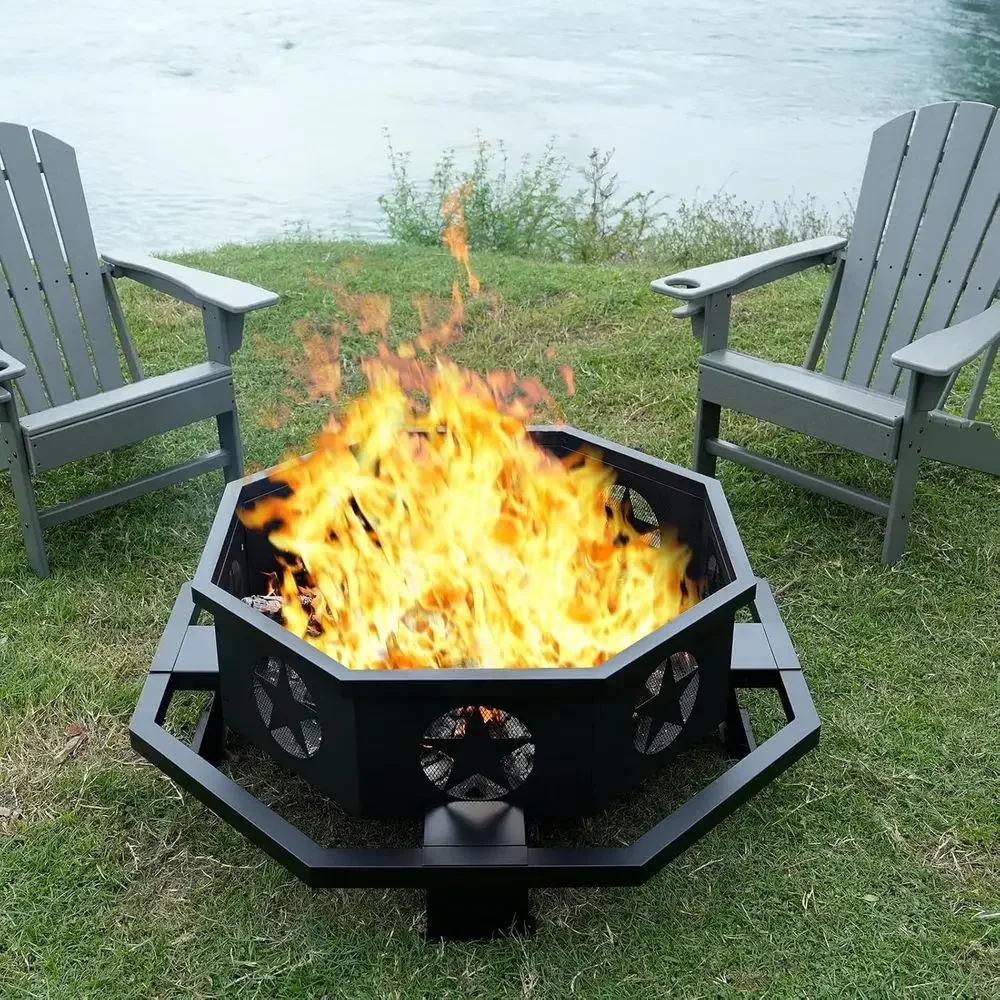 45 Inch Octagonal Outdoor Wood Burning Fire Pit with Heavy Duty Construction for Backyard, Patio, and Camping