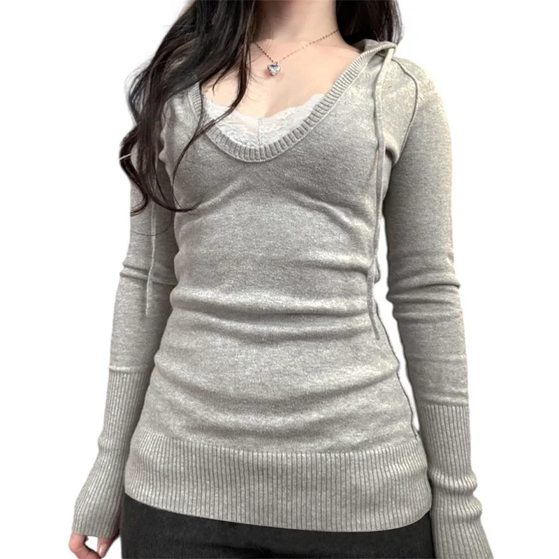 T-shirt à capuche et col en v pour femme, couleur assortie, à manches longues, slim, américain, décontracté, Spice Girl, veste vent pur, nouvelle collection