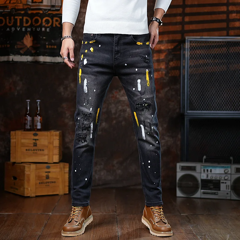 

Paint printed retro slim fit jeans for men, stretchy small straight leg ripped hole trendy American style pants