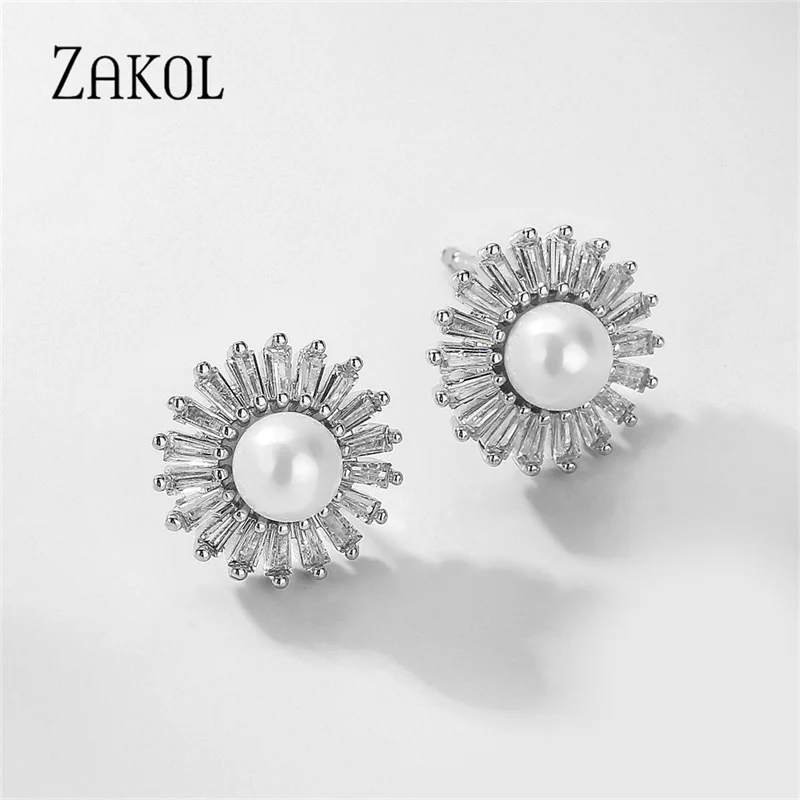 ZAKOL Elegant Imitation Pearl Stud Earrings for Women Wedding Engagement Jewelry Shiny CZ Flower Shape Timeless Female Earring
