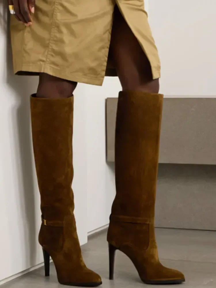 2024 Herbst und Winter, schlanke High Heels, kniehohe Damenstiefel, modische runde Zehen, Rindsleder, Wildleder, übergroße mittellange Stiefel