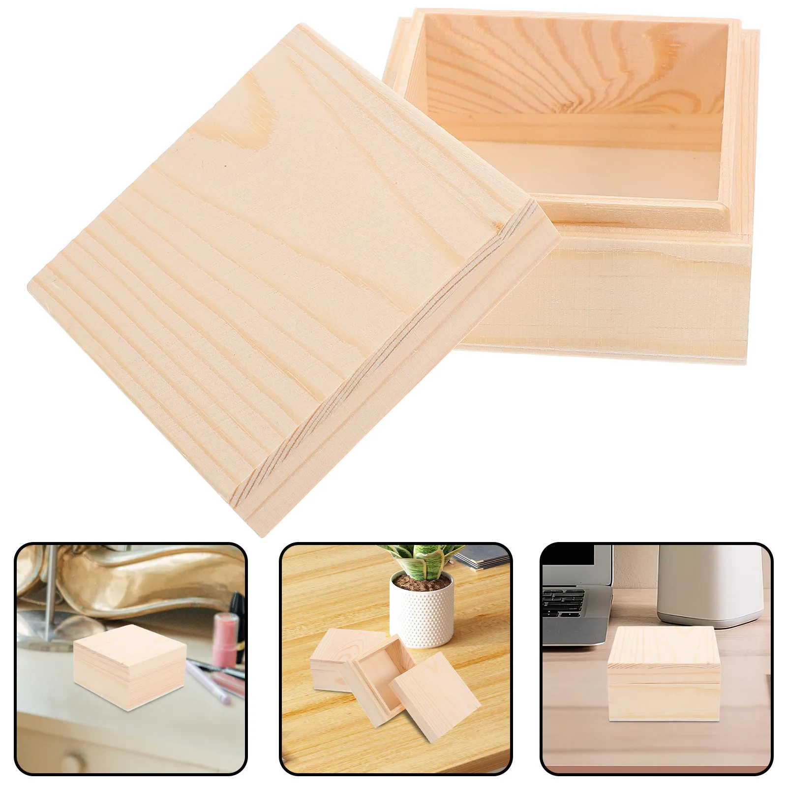 2Pcs Pine Wood Boxes Unfinished Mini Wooden Jewelry Storage Case DIY Craft Blank Small Gift Box with Lid for Home Office