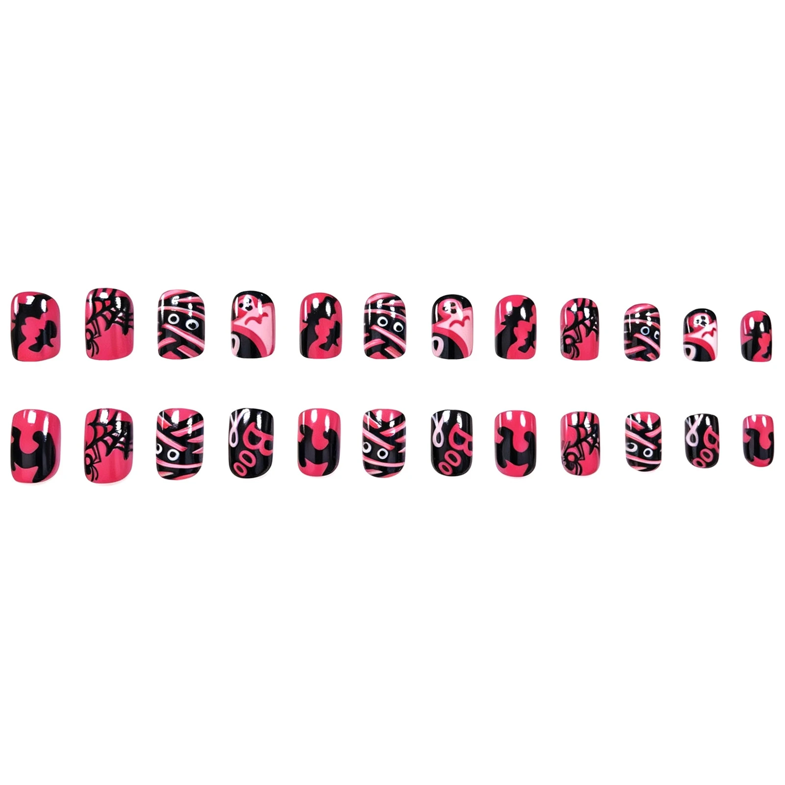 24 Stück rosa-schwarz farbblockierte künstliche Nägel im Halloween-Stil, kurze quadratische Kunstnägel mit Bandage-Geister- und Spinnendesign, zum Aufkleben. – Detail 7