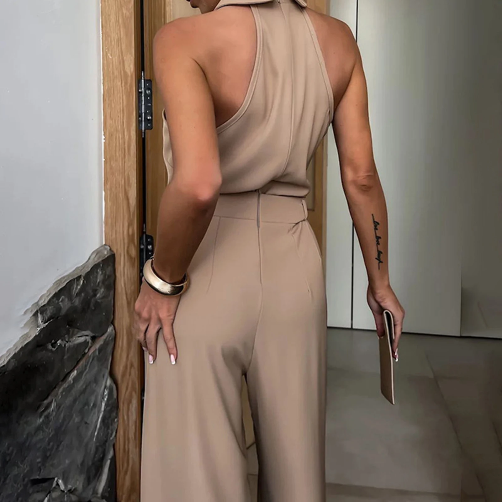 Elegant Jumpsuits for Women 2023 Spring New Plain Elegant Office Lady Loose Ruched Cold Shoulder Hem Wide Leg Jumpsuit Dungarees