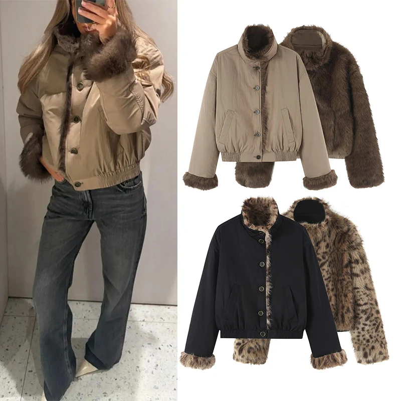 Women Reversible Faux Fur Jacket Leopard Print Bomber Coat Old Money Aesthetic Luxury Warm Winter Outerwear High Street Parka