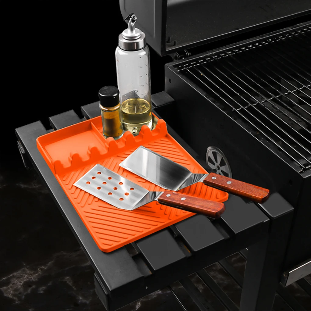 Food Grade Grill BBQ Side Shelf Mat Silicone Griddle Tools Mat for Blackstone Spatula Mat with Drip Pad Grill Mat for Grilling