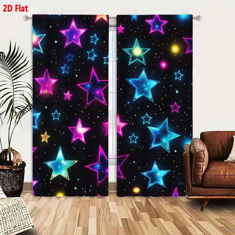 2Pcs Curtains Add 2D Flat Vibrant Neon Starry Night Pattern With Glowing Five Pointed Stars In Electric Blue Magenta And Cyan On